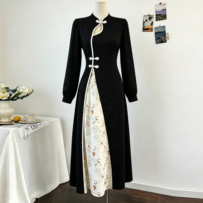 European and American style, new Chinese design, fitted waist, modified button closure, printed, color-blocked long-sleeve dress for spring and autumn European and American style, new Chinese design, fitted waist, modified button closure, printed, color-blocked long-sleeve dress for spring and autumn