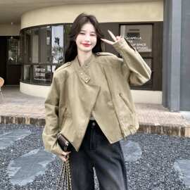 卡其色盐系复古松弛感工装牛仔外套女秋季2026新款休闲机车服夹克