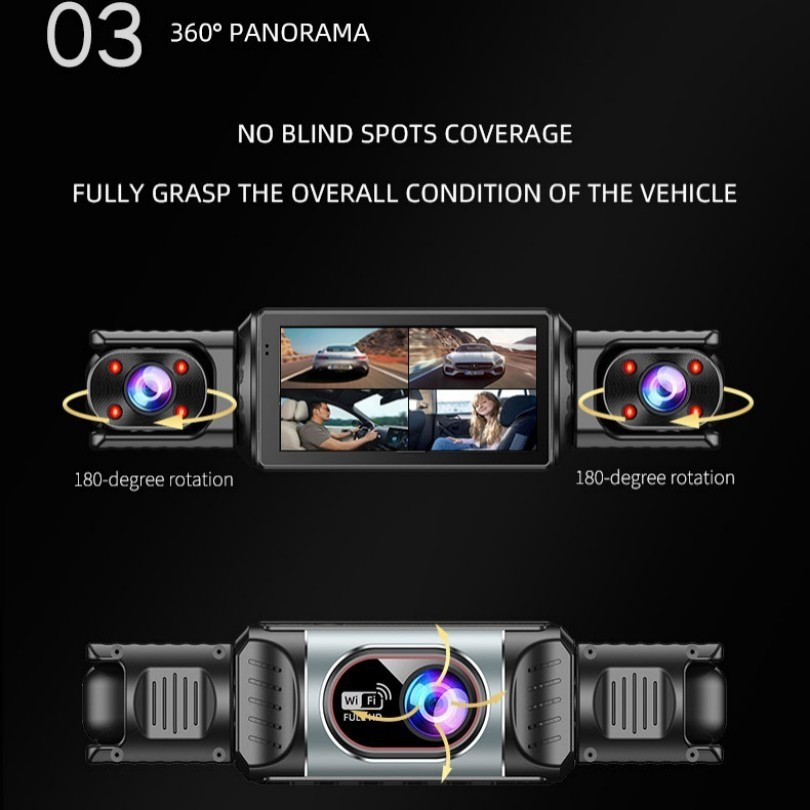 New three-camera dashcam with infrared night vision, WiFi mobile phone connectivity, and panoramic view for trucks and cars