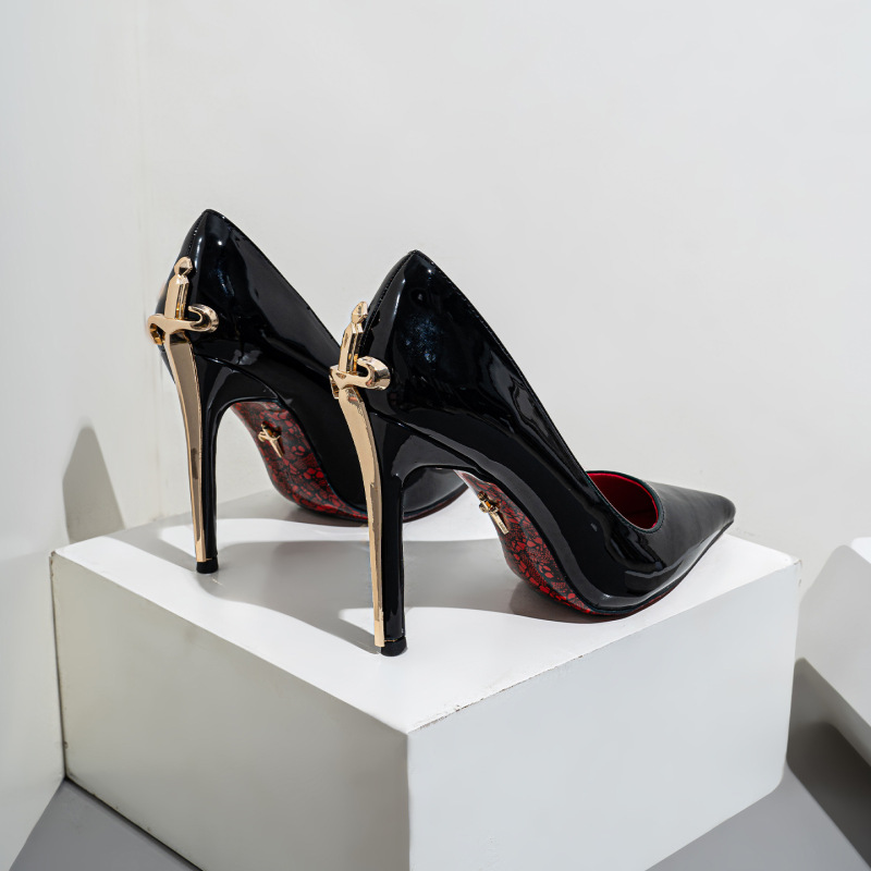 2026 Red Sole Metal High Heels Women's Wedding Shoes Stiletto Heels Stunningly Sexy Mature Style Black Patent Leather 2026 Red Sole Metal High Heels Women's Wedding Shoes Stiletto Heels Stunningly Sexy Mature Style Black Patent Leather