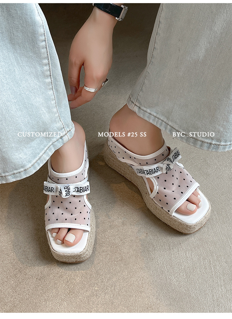 Sandal hở mũi nữ đế xuồng lưới chấm bi gót độn cao 2025 — Chấm bi trắng, Màu trắng chi tiết 16