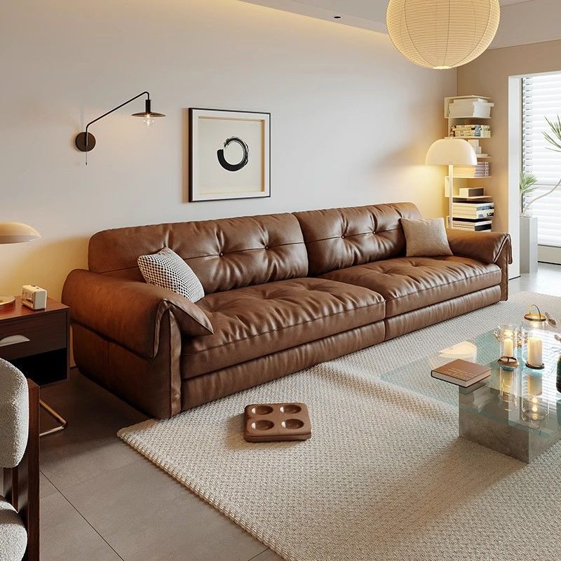 复古风真皮沙发美式高级意式小户型直排大象耳朵现代客厅木通用无