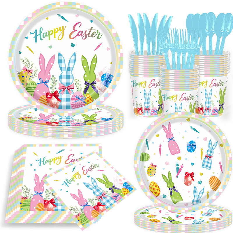 Colorful Easter Cartoon Rabbit Themed Tableware Set for Kidsren, Easter Egg Holiday Decoration, Disposable Paper Plates and Napkins