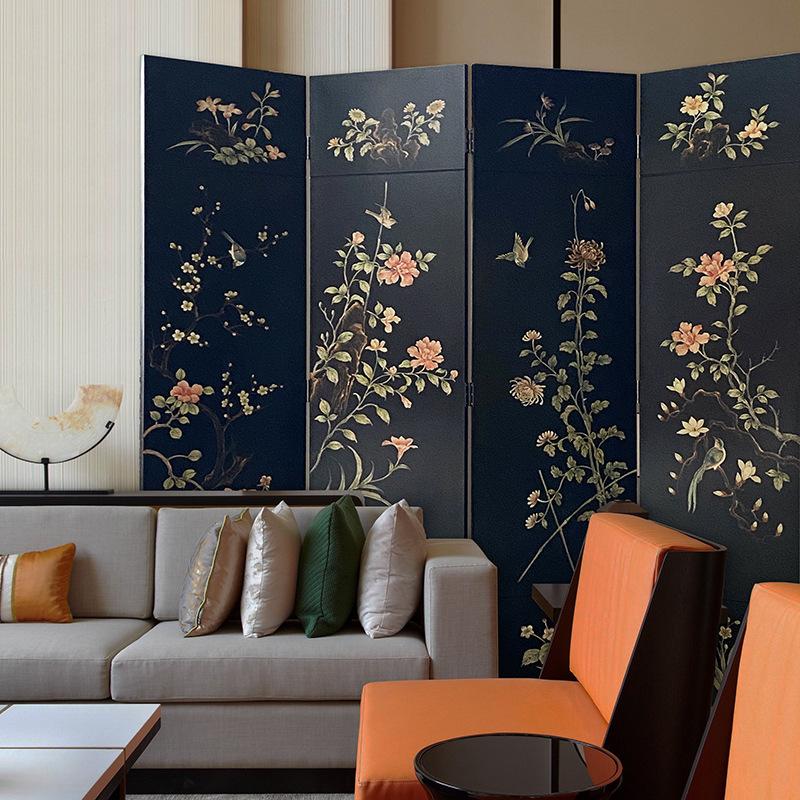 Chinese-Style Folding Movable Screen Partition for Entryway, Living Room, Bedroom, Hand-Painted Lacquer Painting, Tea Room, New Chinese Style for Small Apartments