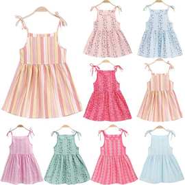 跨境夏季新款2024女童韩版吊带裙儿童粉色无袖印花连衣裙宝宝童装