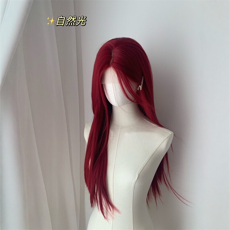 Aquaman Red Wig Full Head Cover for Women with Small Forehead Lace Middle Parted Red Long Straight Hair Whitening Universal Cos Sweet Cool Sexy