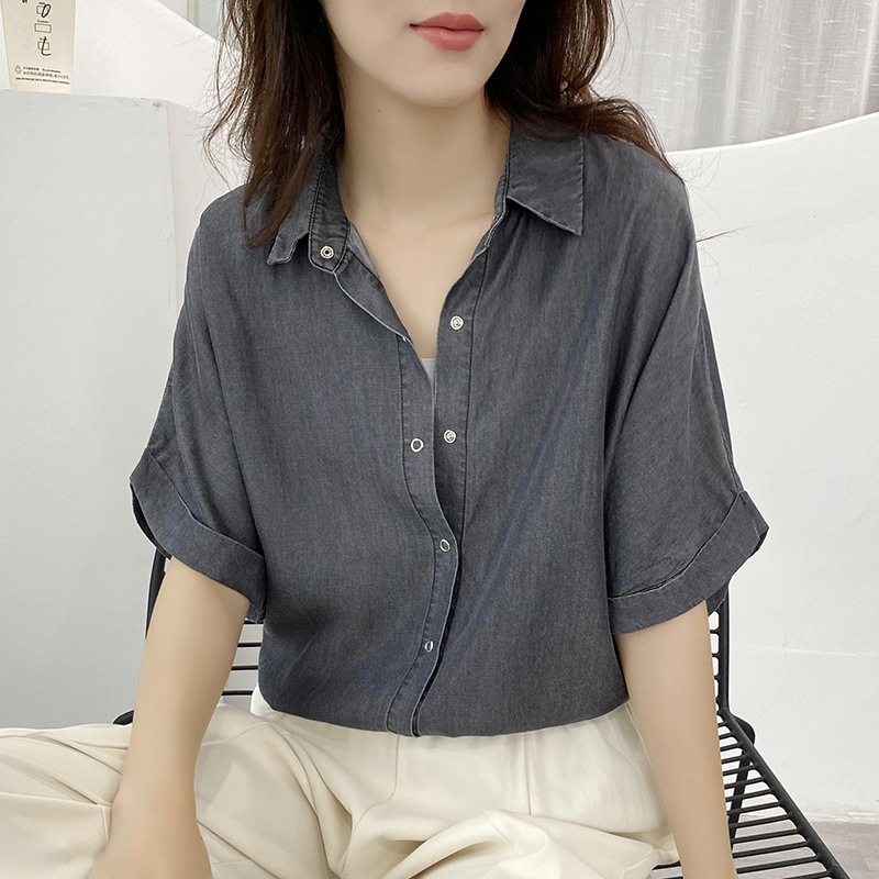 Korean Style Draped Tencel Short Sleeve Denim Shirt Women's 2024 Summer New Loose Shirt Trendy