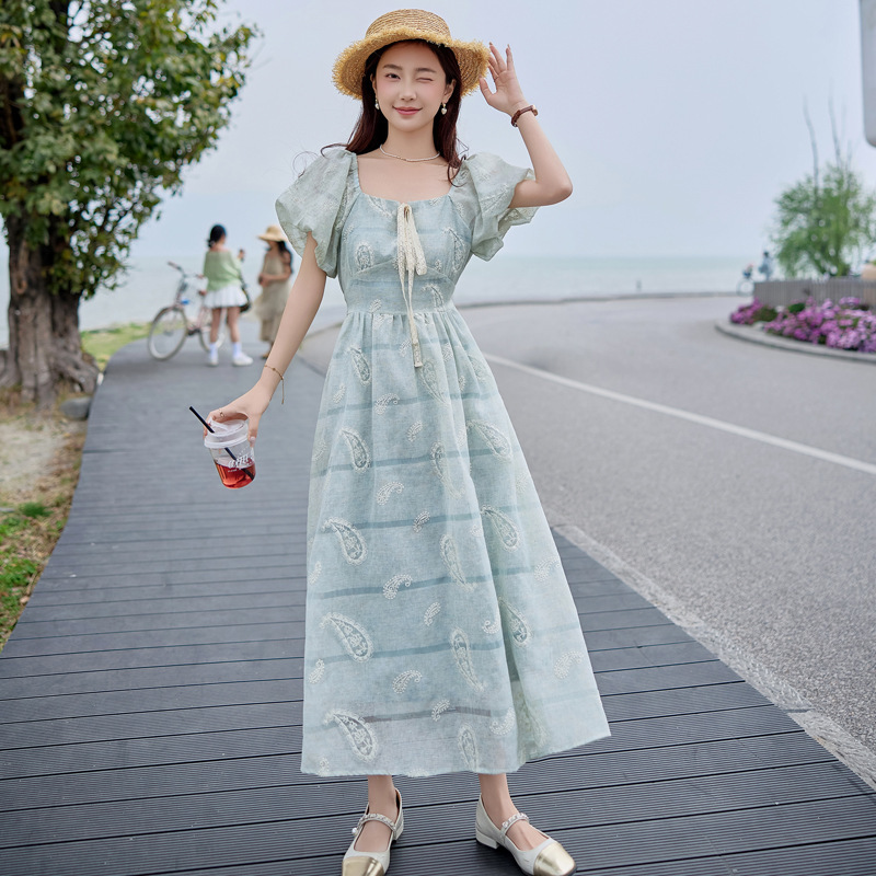 Tight Waist Bubble Sleeve dress Women's 2025 Summer Princess Dress Seaside Vacation Super Nice Long Dress N66107