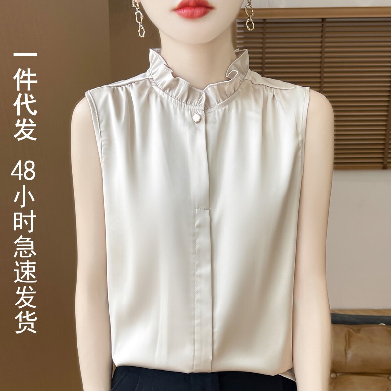 Light Luxury High-end Silk Satin Shirt Women's Sleeveless Summer Inner Base Suit Vest Top Lace Stacked Wear
