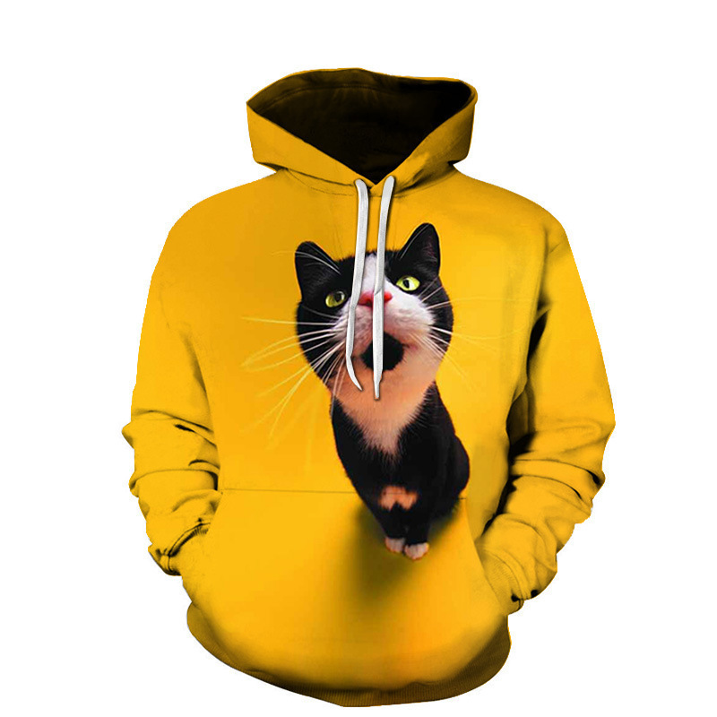 亚马逊 欧美 春秋款 3D猫图案 数码印花 潮流 宽松休闲卫衣连帽衫|undefined