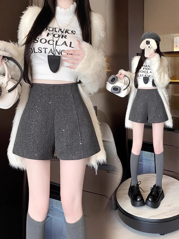 Sequined high waist hot pants sparkling winter fashion black starry sky new pants women's straight wide leg pants all-match woolen