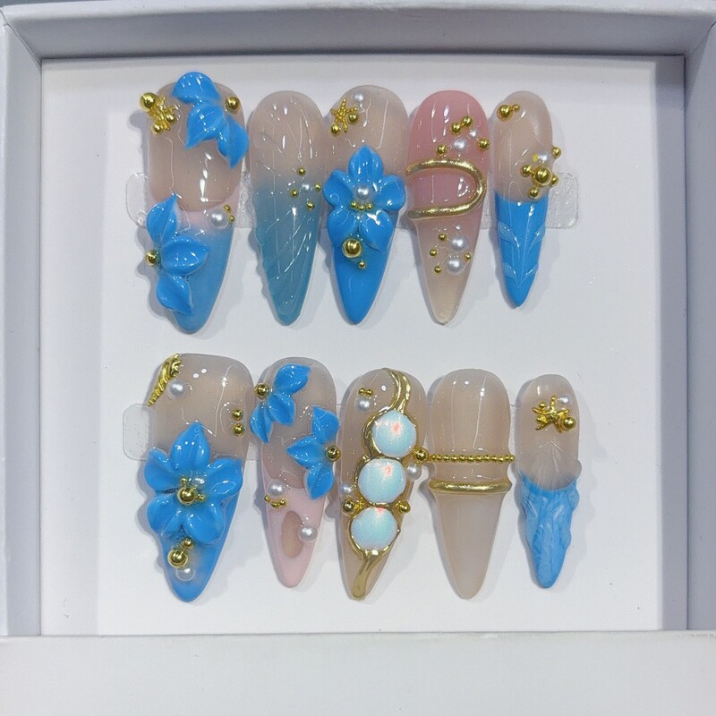 Popular foreign trade product: European and American cross-border 3D carved mirror gradient press-on nails, purely handmade wearable nails Popular foreign trade product: European and American cross-border 3D carved mirror gradient press-on nails, purely handmade wearable nails