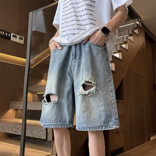 Men's Summer Thin Hole Denim Shorts, American Street Fashion Brand Loose Straight Leg Pants, Cool Casual 5-Finger Pants
