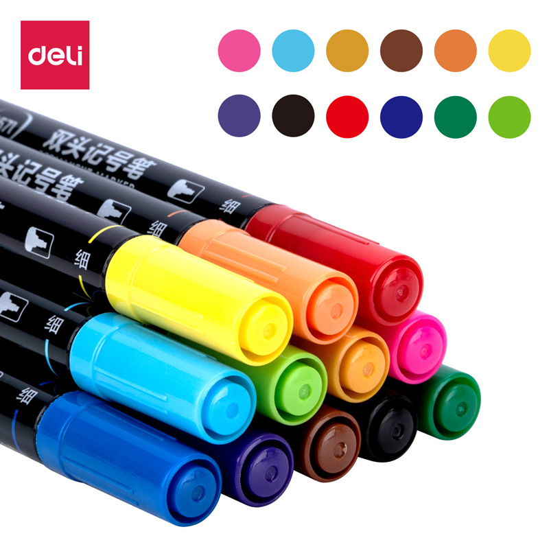 Deli Papelería S571 rotulador pequeño gancho aceitoso de doble cabeza línea marcador pluma estudiantes usan pintura de arte color 12 piezas