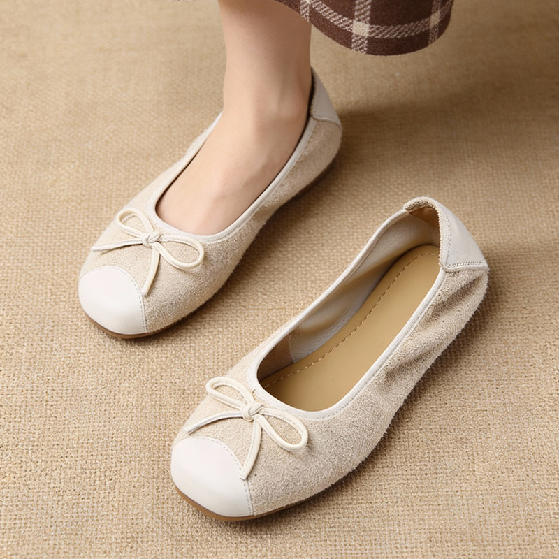 Spring Flat Women's Slip-On Shoes with Bow, Versatile Genuine Leather Casual Shoes, Shallow Mouth Soft-Soled Egg Roll Shoes