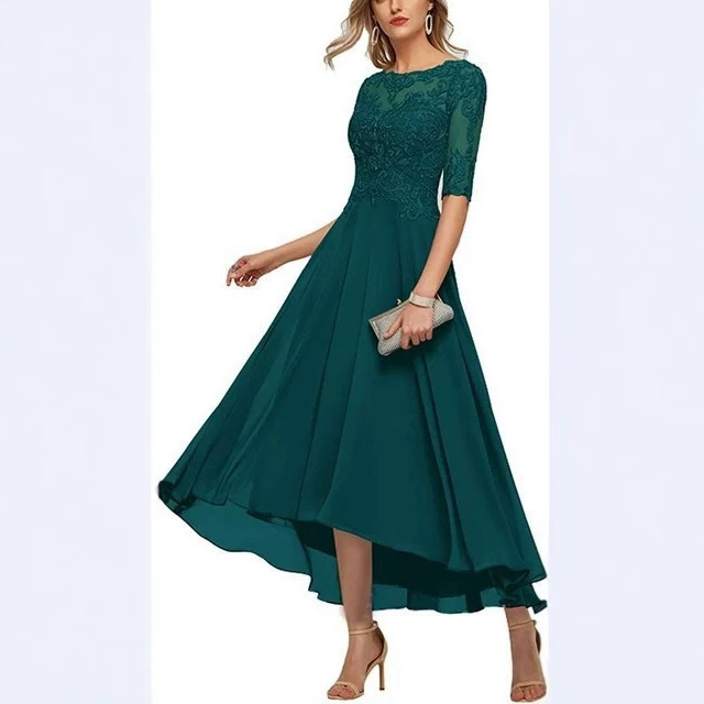 Elegant Lace Appliqué Half-Sleeve Formal Party Evening Dress Chiffon Wedding Guest Evening Gown