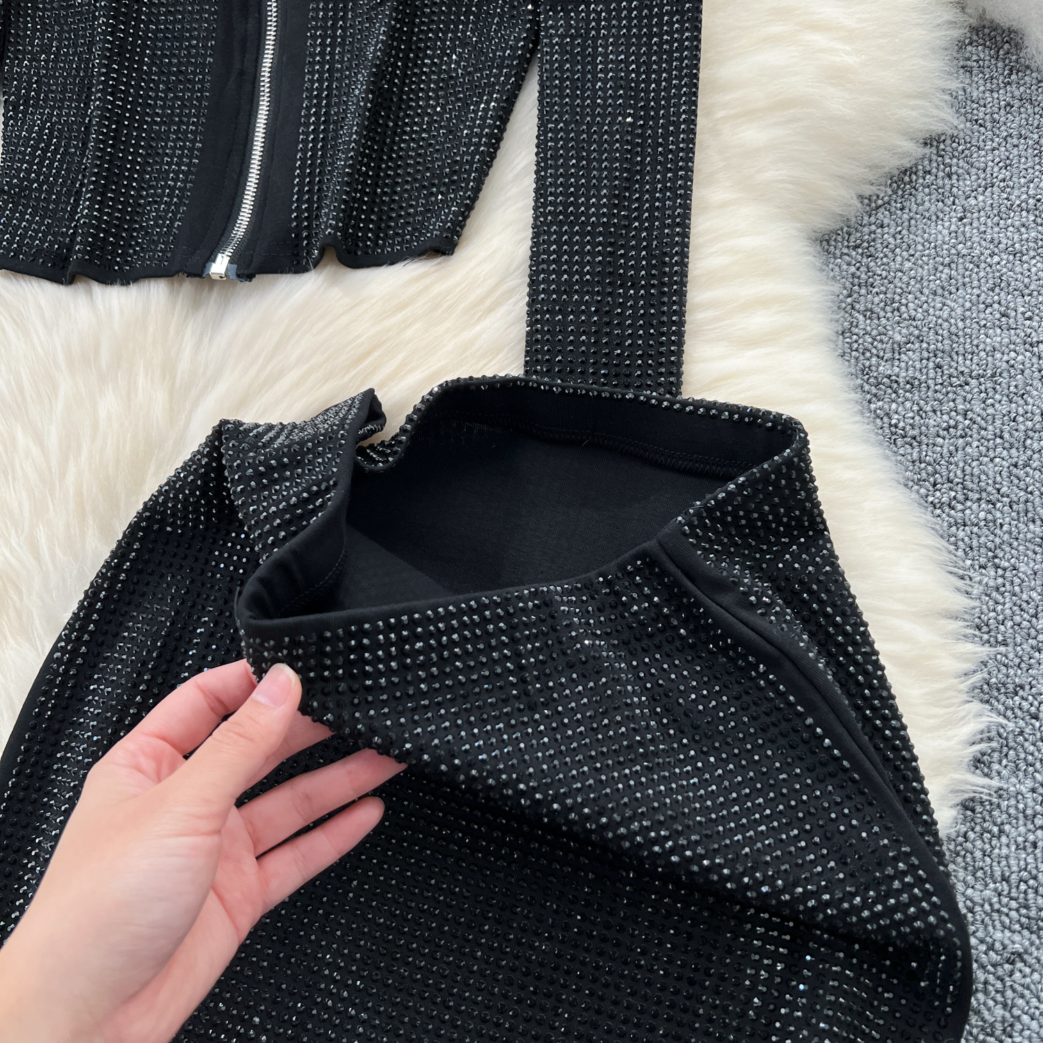 Women's Clothing wear suit design heavy hot diamond zipper top hip skirt_voghion.com