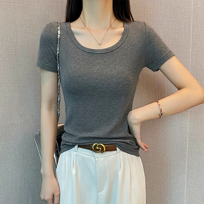 Threaded Round Neck Short-sleeved T-shirt Women's Spring and Summer Low Neck Half-sleeved Base Slim-fit Breathable Slimming All-match Top