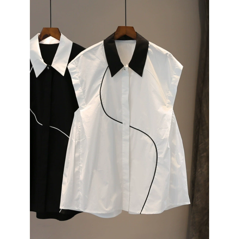 Летний новый стиль 2024, рубашка без рукавов с нишевым дизайном, женская свободная рубашка большого размера из хлопка с воротником-поло, модный топ
