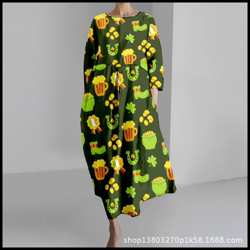 2025 Cross-Border Women's Casual Three-Quarter Sleeve Dress with St. Patrick's Theme Clover 3D Print for Summer