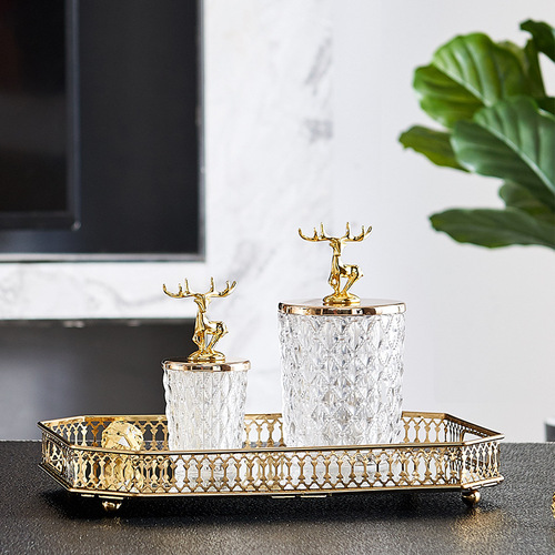 European-style luxury high-end crystal glass candy jar with metal lid transparent toothpick and cotton swab holder, home living room decoration