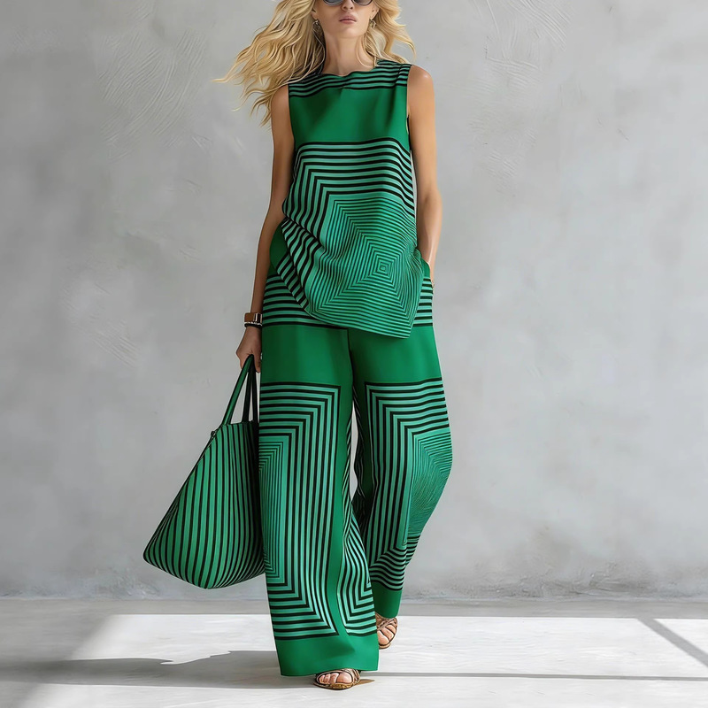 2026 Cross-Border European and American Temu Amazon New Urban Loose Lightweight Geometric Stripe Sleeveless Top and Wide-Leg Pants