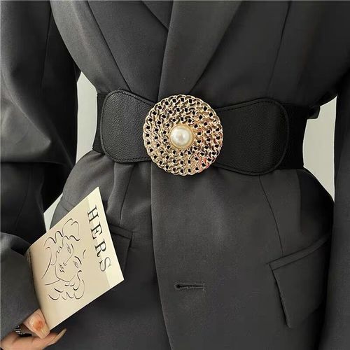 Retro Black Pearl Disc Belt for Women, Elastic Band Waist Closure, Chain-like Belt, Outerwear Suit Dress with Belt