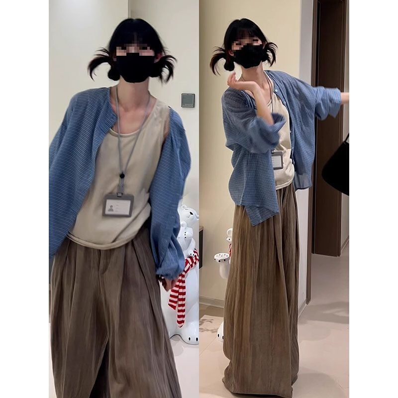 套装女2025夏季韩系辣妹长袖衬衫外套吊带背心阔腿裤三件套潮|undefined