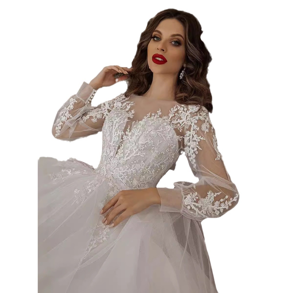 Personalizada Europa y los Estados Unidos comercio exterior vestido de boda nuevo encaje ligero gaze sexy burbuja fragancia vestido de boda de manga larga mujer image 6