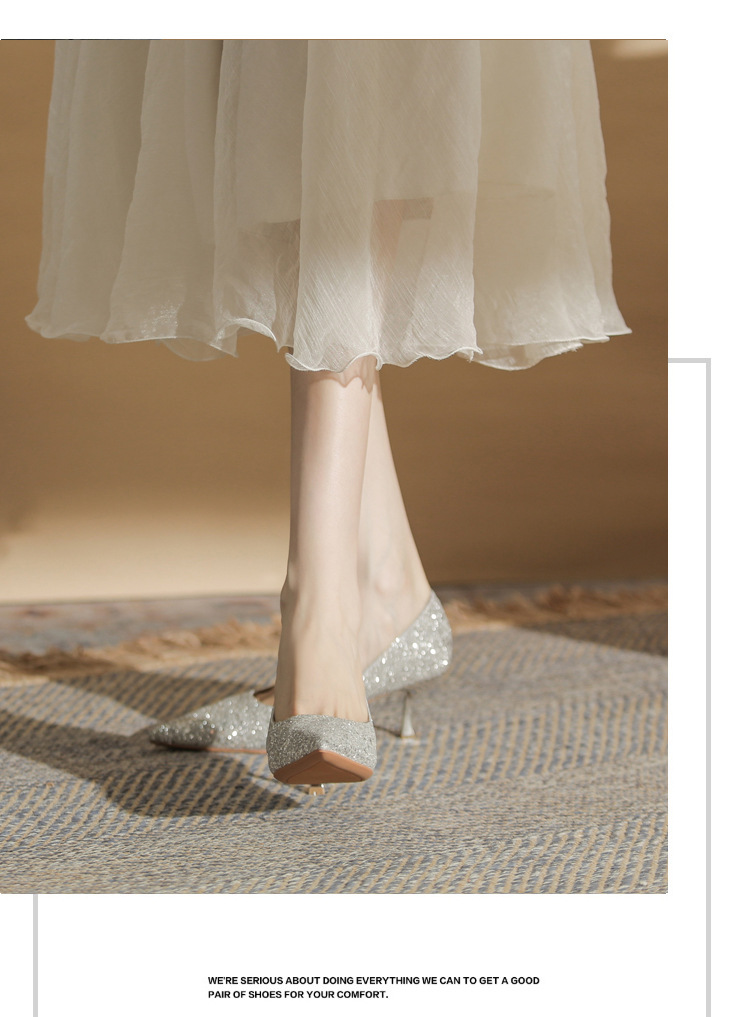 Giày cao gót mũi nhọn sequin lấp lánh CG6018 – miệng nông, gót nhọn — Màu Sâm panh chi tiết 12