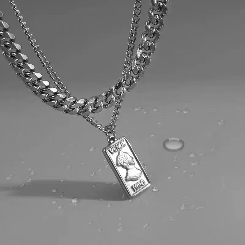 Titanium Steel Coin Pendant Necklace Double Layer Stacking Chain_voghion.com