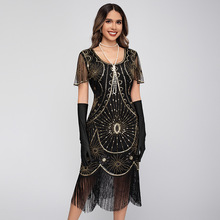 1920盖茨比舞会亮片短袖礼服裙欧美复古流苏钉珠连衣裙亚马逊跨境