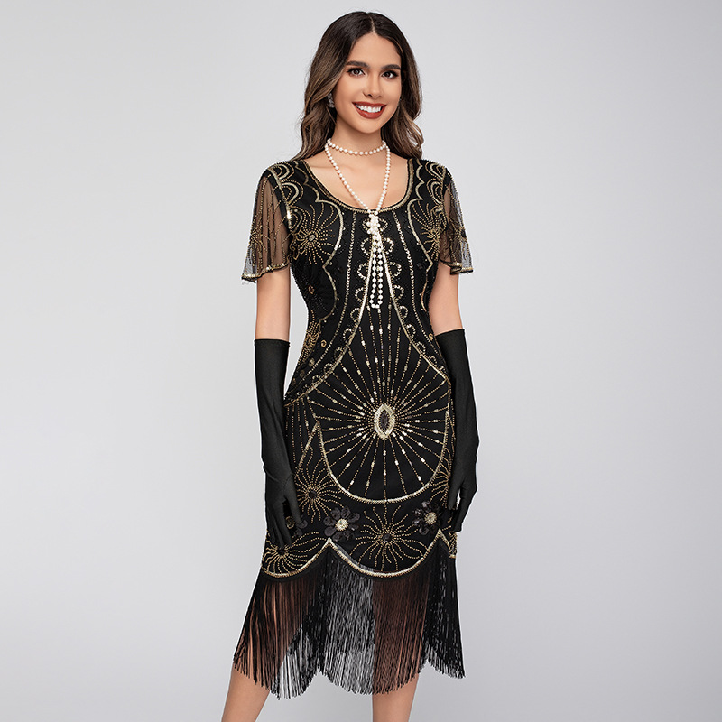 1920S Gatsby Sequin Short-Sleeve Dress European and American Retro Tassel Beaded Dress Amazon Cross-Border