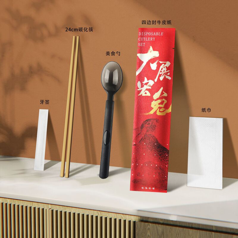 割り箸 4点セット 食器セット クラフト紙 ステンレススプーン テイクアウト包装スプーン 4本箸|undefined