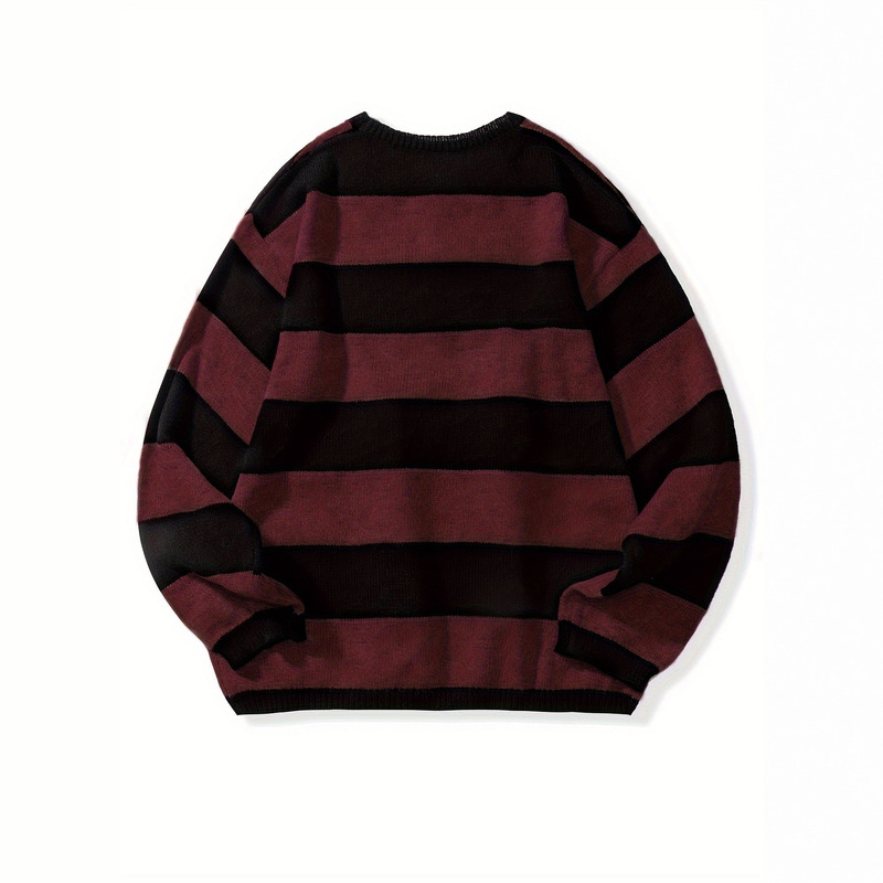 Men's Autumn and Winter Round Neck Sweater with Color-Blocked Stripes, Soft and High-End Knitted Knitwear, Loose American Retro Wool