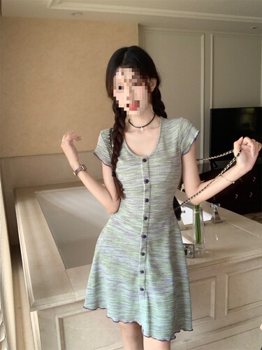 3319 #Pure desire sweet and spicy color stripe short-sleeved dress for women, summer French single-breasted small short skirt, hot girl