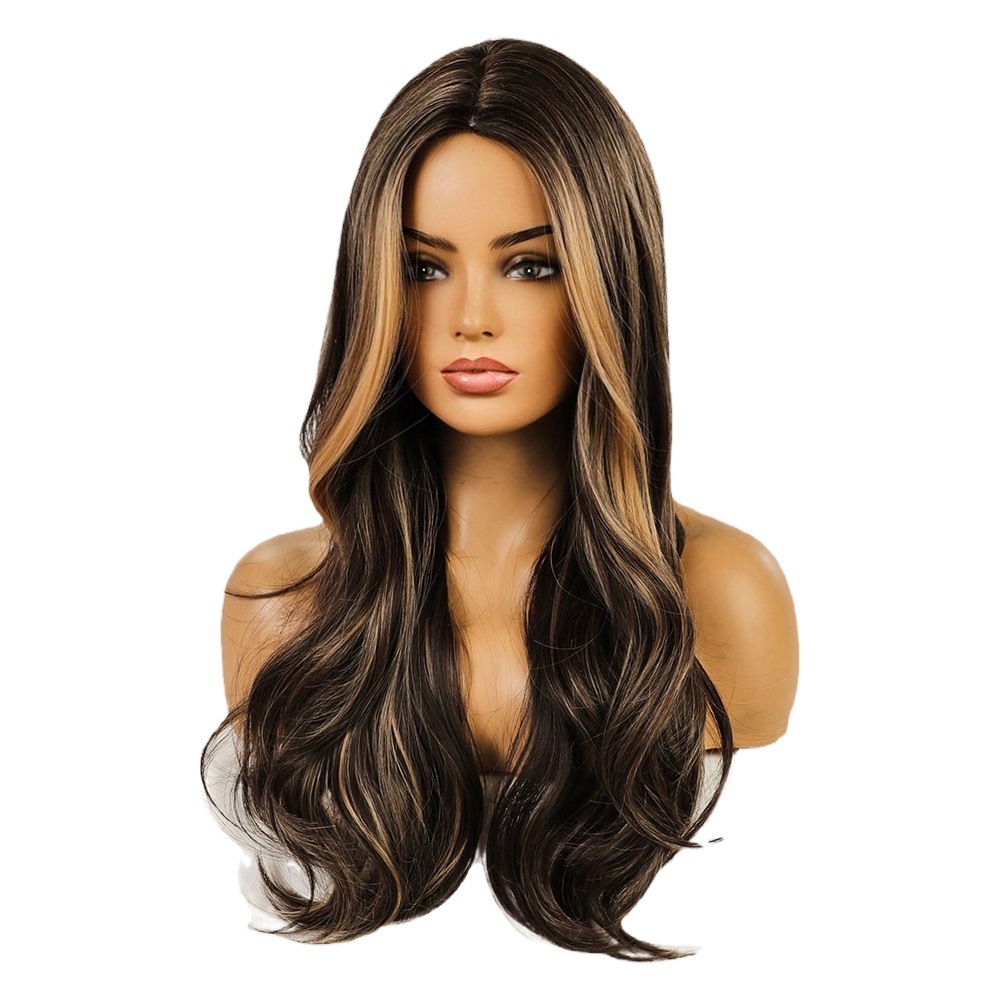 Cubierta de la cabeza de la peluca de las mujeres europeas y americanas puntos medios onda teñida Pelo Rizado largo Amazon fibra química cubierta de la cabeza completa en stock fabricante
