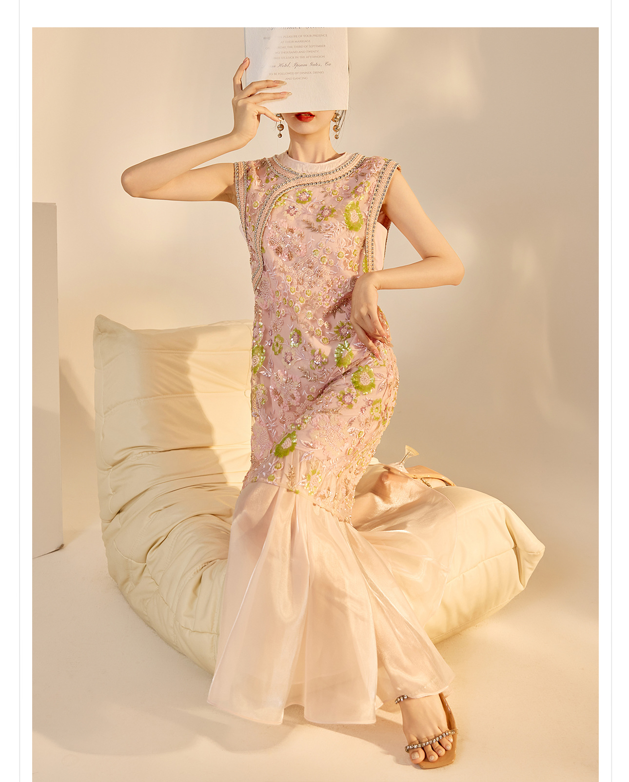Váy sườn xám maxi thêu sequin phong cách Trung Quốc mới mùa hè N5042 — hồng, Xanh lam sông băng chi tiết 24