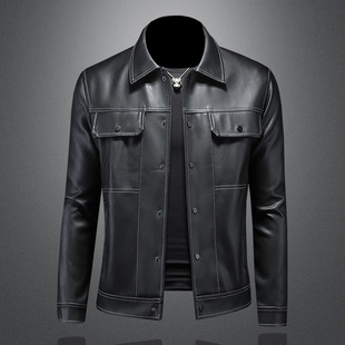 Autumn and Winter 2024 New Men's Lapel Motorcycle Leather Jacket Fashion Slim-fit All-match Leather Jacket 8118