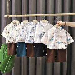Modern Chinese-style children's short-sleeve shirt set, new trendy shorts set for baby boys, summer, Tang-style outfit.