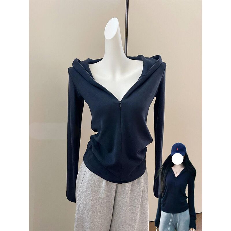 Korean Style Casual V-Neck Hooded Sweatshirt Long-Sleeve Jacket Autumn New Invisible Zipper Elastic Slimming Top Korean Style Casual V-Neck Hooded Sweatshirt Long-Sleeve Jacket Autumn New Invisible Zipper Elastic Slimming Top