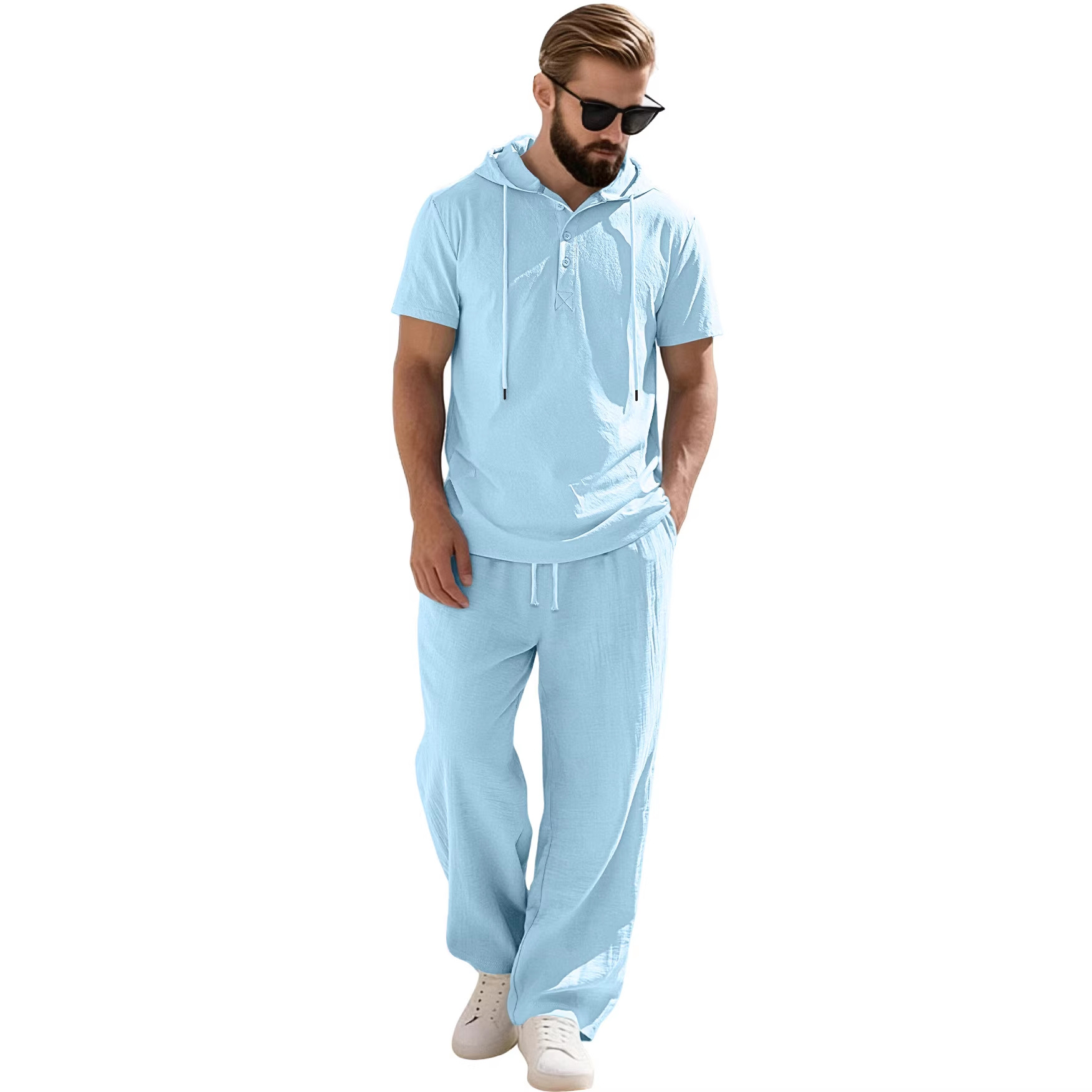 Transfronterizos Europa y América Amazon hombre nuevo encapuchado abrazado camisa de algodón y lino de manga corta casual pantalones largos de manga corta set hombre