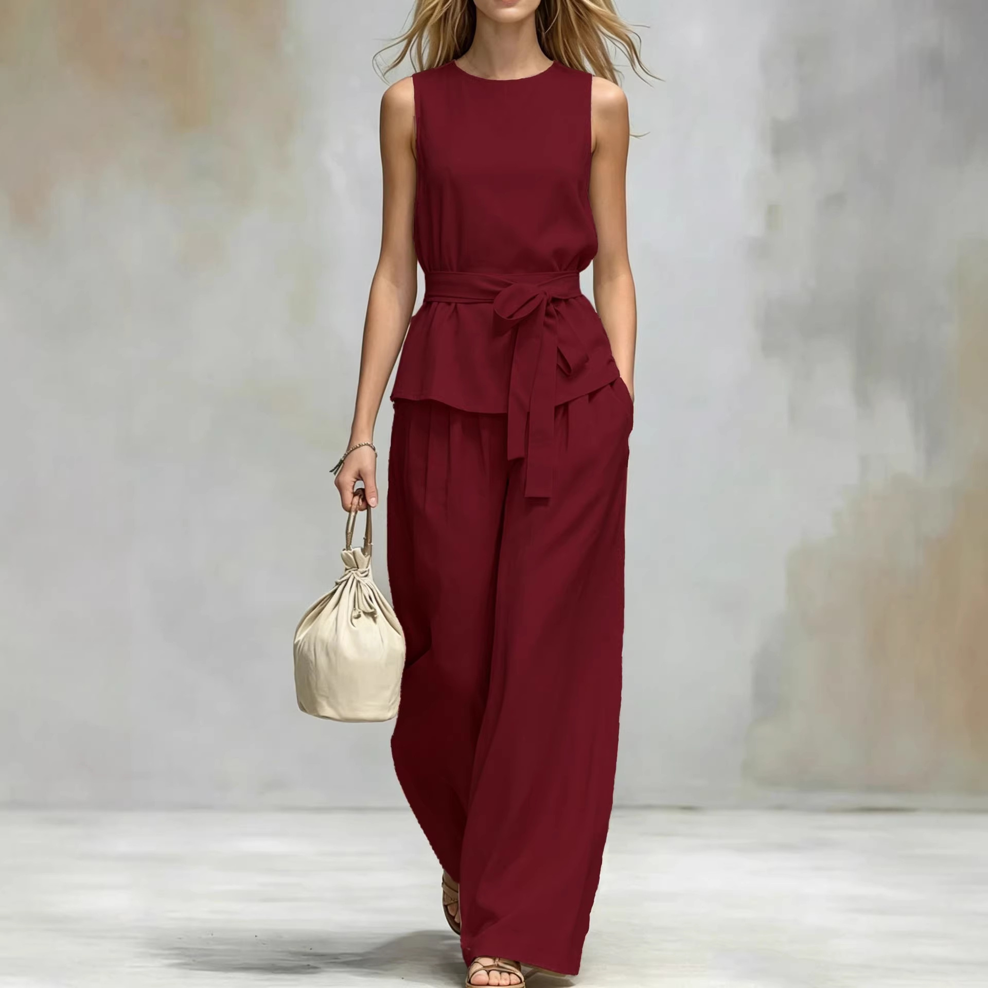 Women's Clothing Women's Spring Summer Two Piece Set Sleeveless Top And Belted Pants Casual Solid Color Style_ecoleips.com
