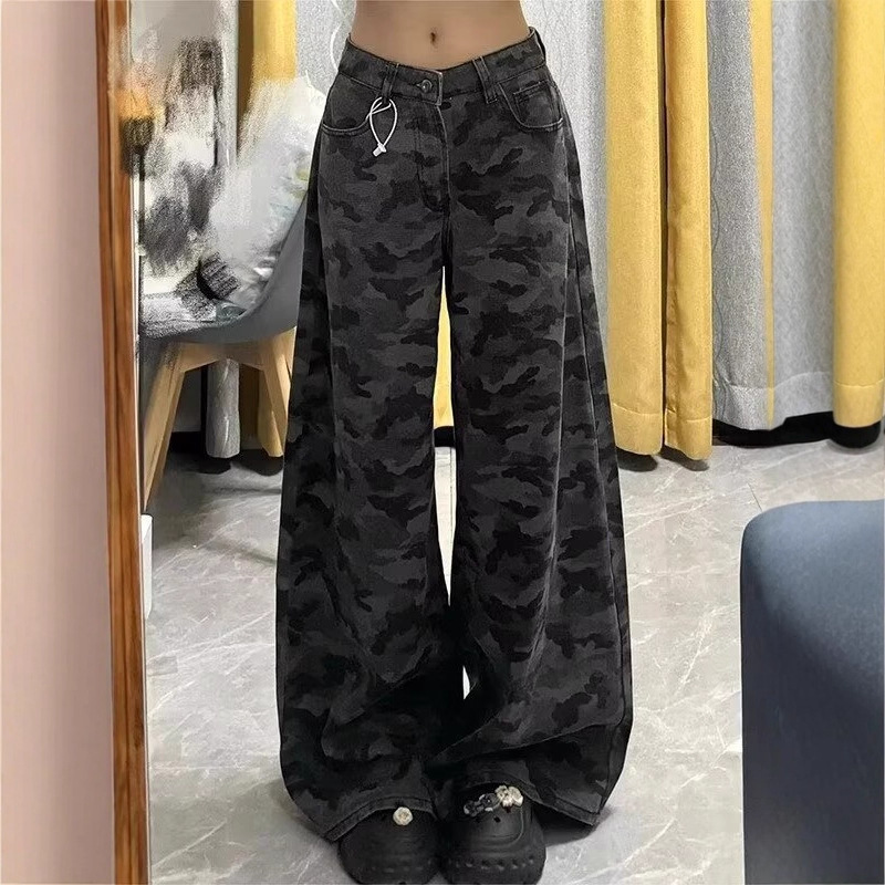 American-Style Camouflage Jeans for Women, High-Waisted, Loose-Fitting, Wide-Leg Straight Pants, Casual Pants, Trendy 2025 Summer New Style