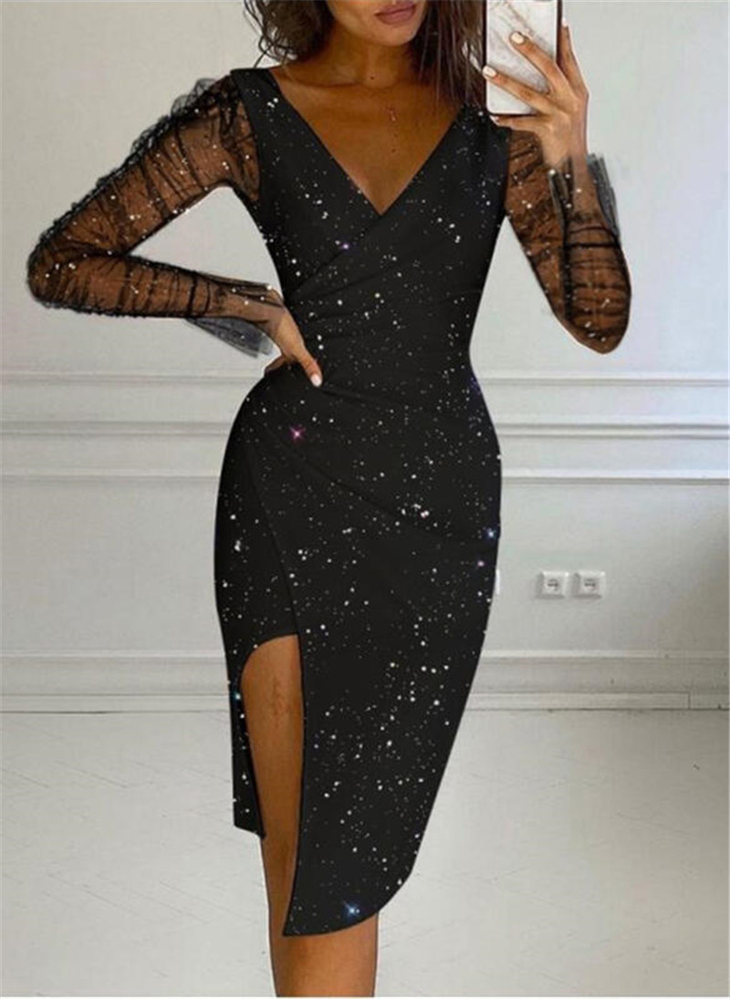 Damenbekleidung [Sofort lieferbar] Herbst Damen Pailletten V-Ausschnitt Hüftgewickelt Sexy Mesh Kleid für Damen_voghion.com