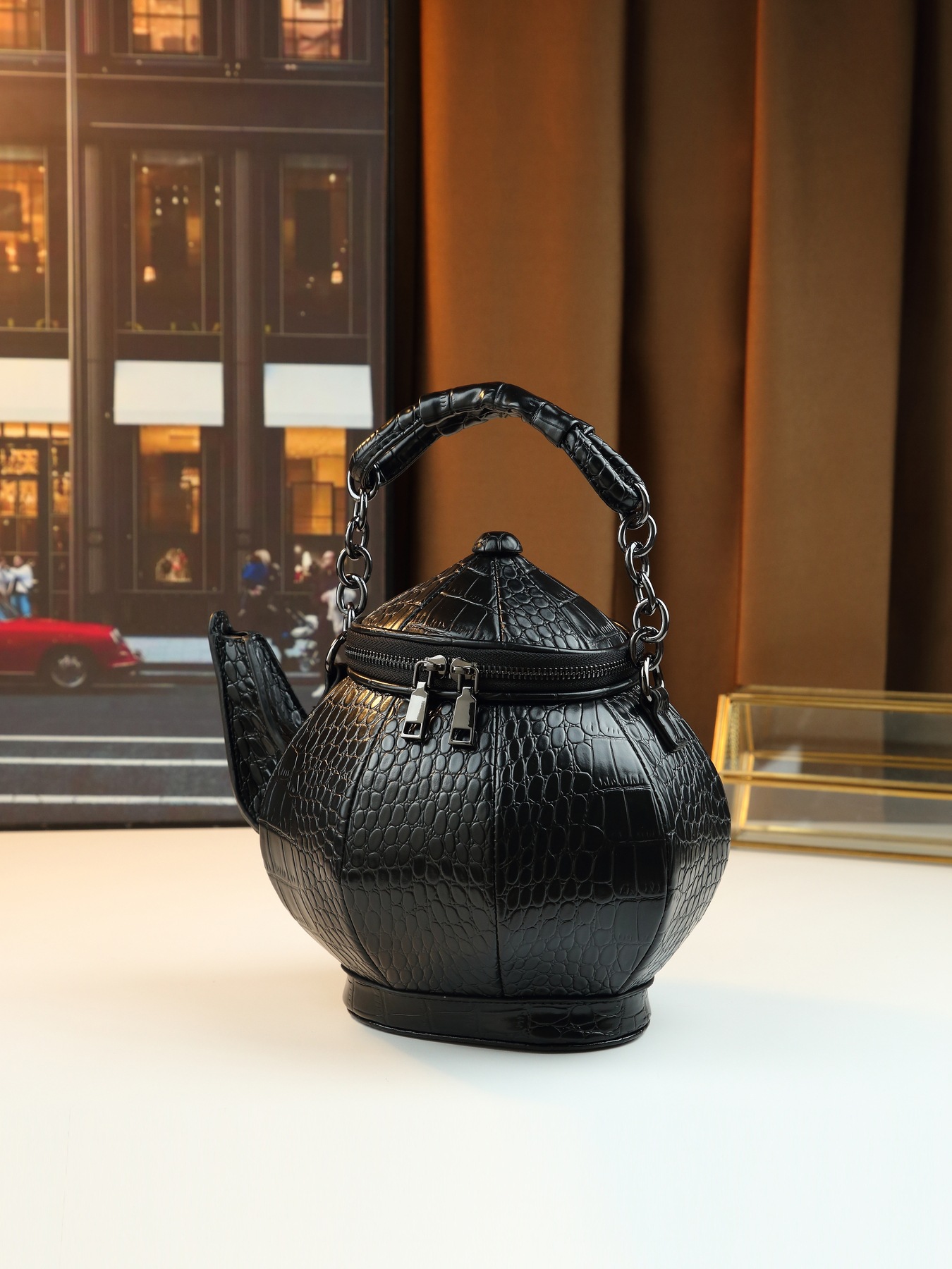Quirky Crocodile Pattern Shoulder Bag Novelty Teapot Shaped Handbag_voghion.com