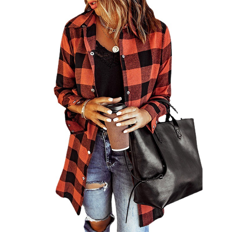 Shiying camisa abrigo de mujer Otoño e Invierno Nueva cardigan de manga larga solapa botón a presión de las mujeres Camisa de cuadros europeos y americanos