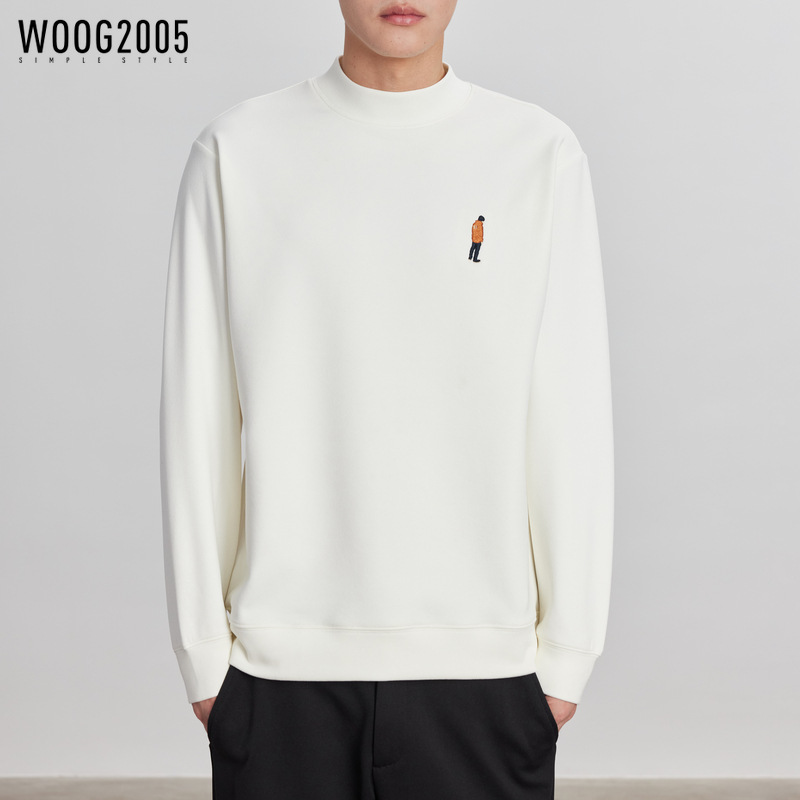 반하이넥 자수 화이트 긴팔 티셔츠 남성용 2026 봄/가을 신상 약간 루즈한 중간 칼라 이너 레이어드 셔츠