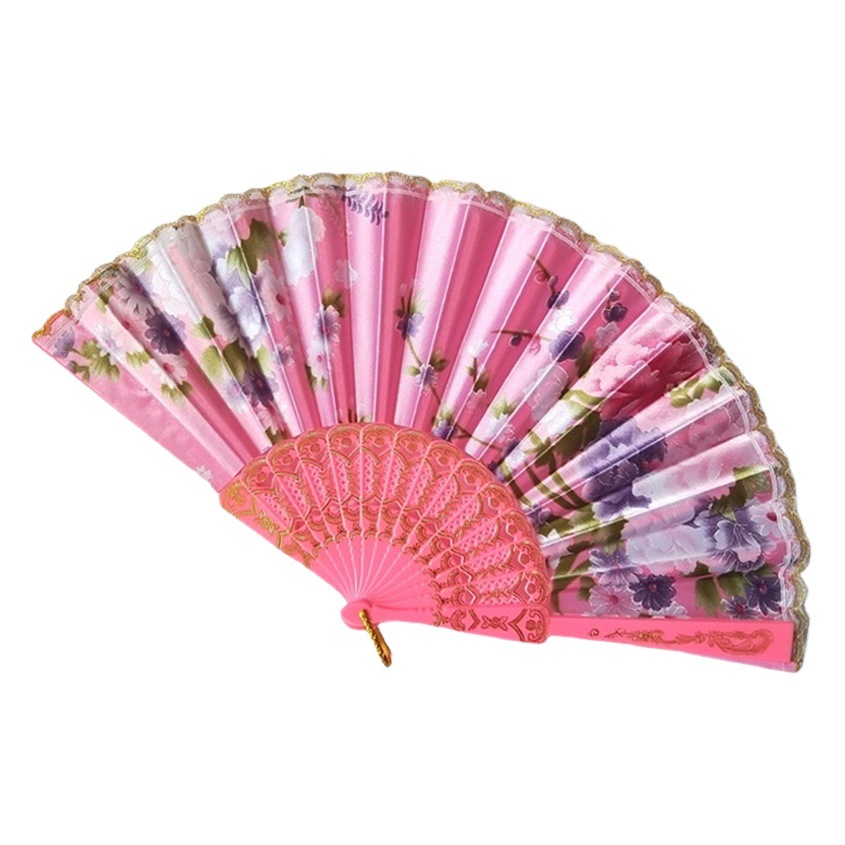 Hay en stock transfronterizo de plástico de hueso pequeño borde de encaje ventilador plegable ventilador de satén ventilador de la danza 8 colores opcionales