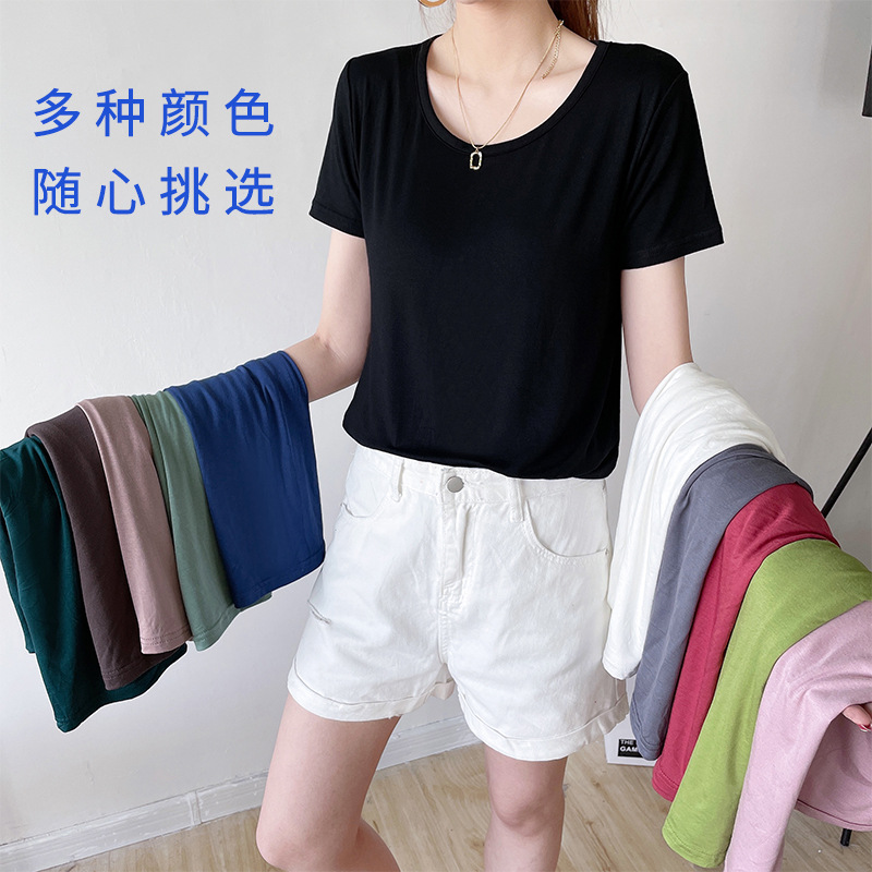 모달 라운드넥 반팔 티셔츠 여성용 베이스 레이어, 트렌디한 아우터, 슬림핏, 캐주얼 홈웨어, 이너웨어